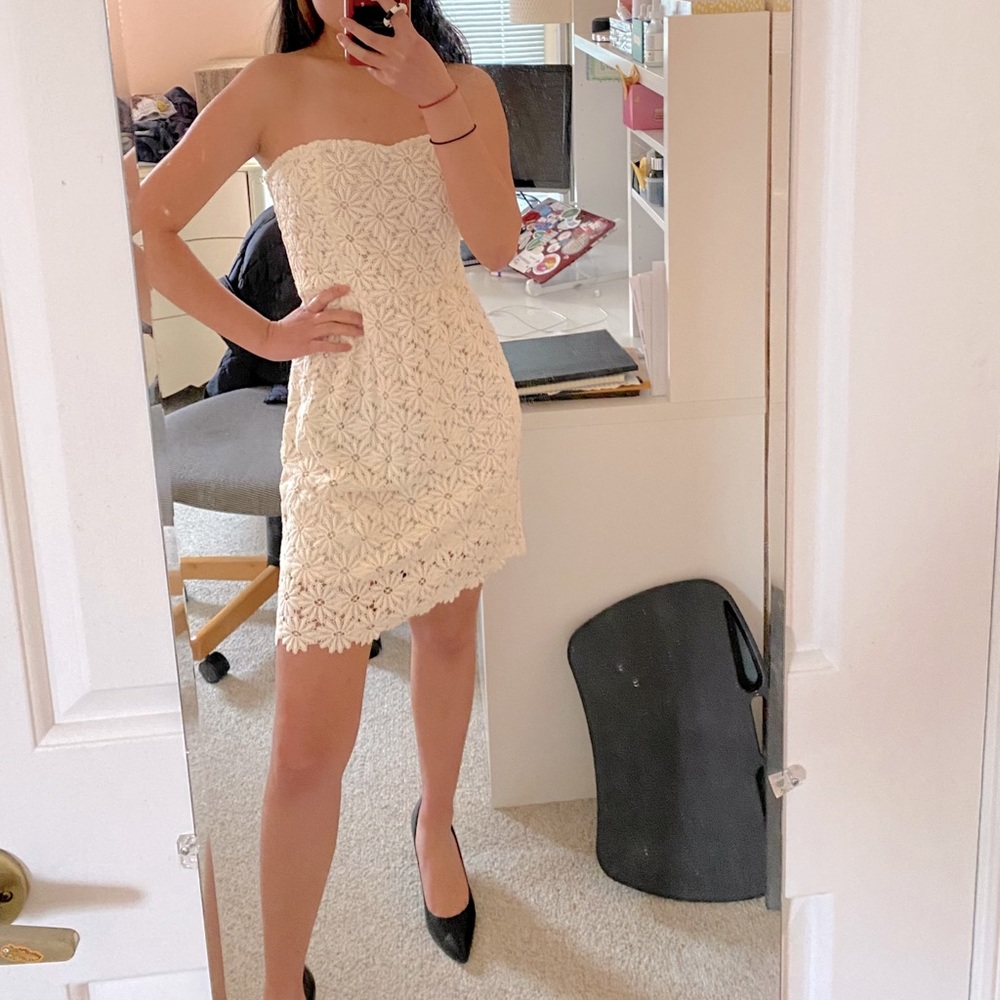 Francesca's White Strapless Floral Lace Dress